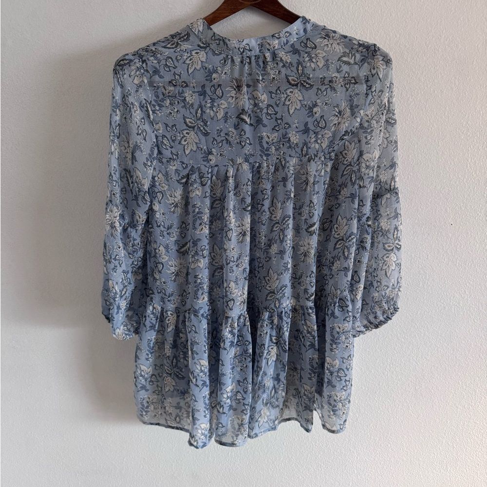 Suzanne Betro Size Small Boho Babydoll Tunic Top Blouse Blue Sheer Floral - Picture 7 of 7